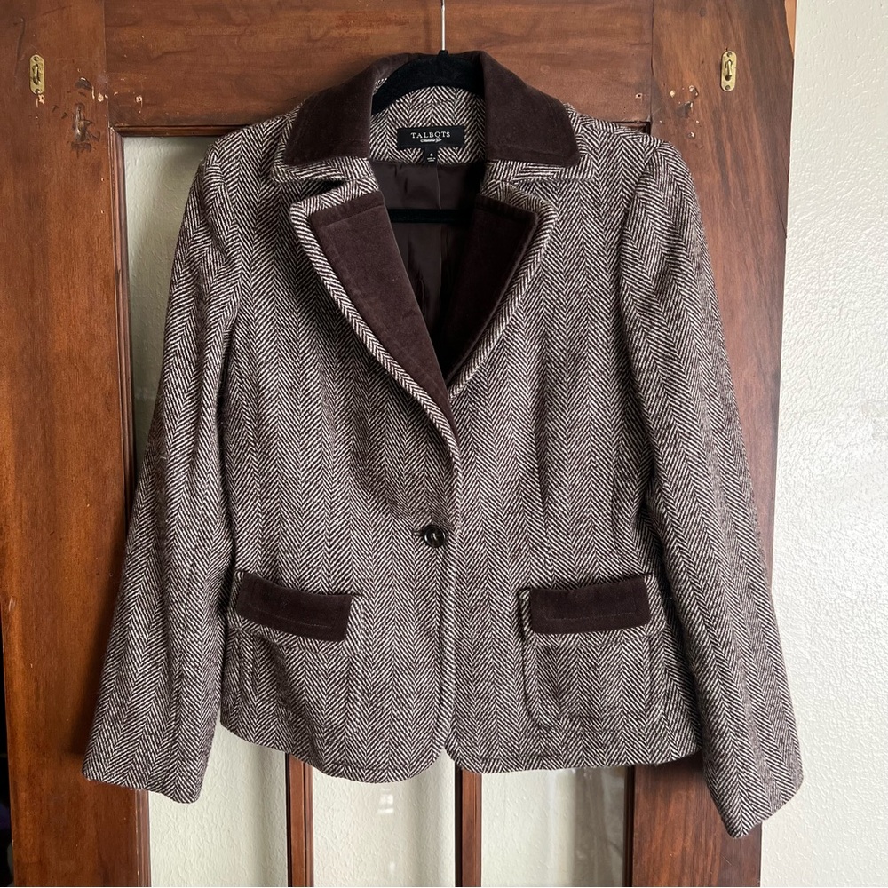 Talbots Espresso Chocolate Brown Herringbone Blazer